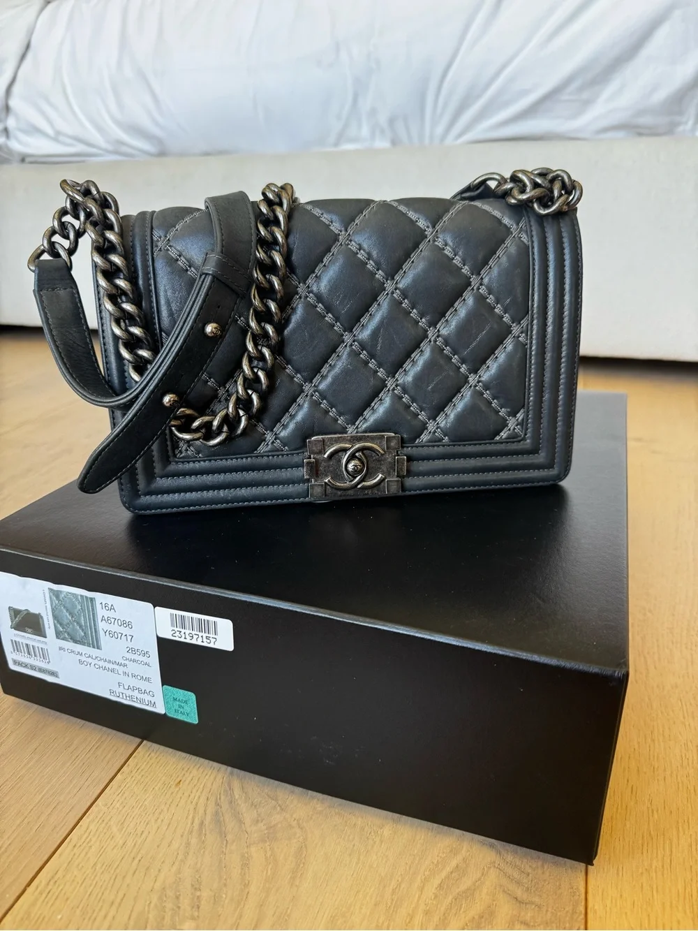 Chanel Boy Bag Medium Flap - 16A Charcoal Calfskin with Ruthenium Hardware